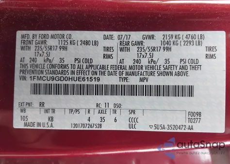 2017 Ford Escape Se из США, поврежденный, VIN 1FMCU9GD0HUE61519